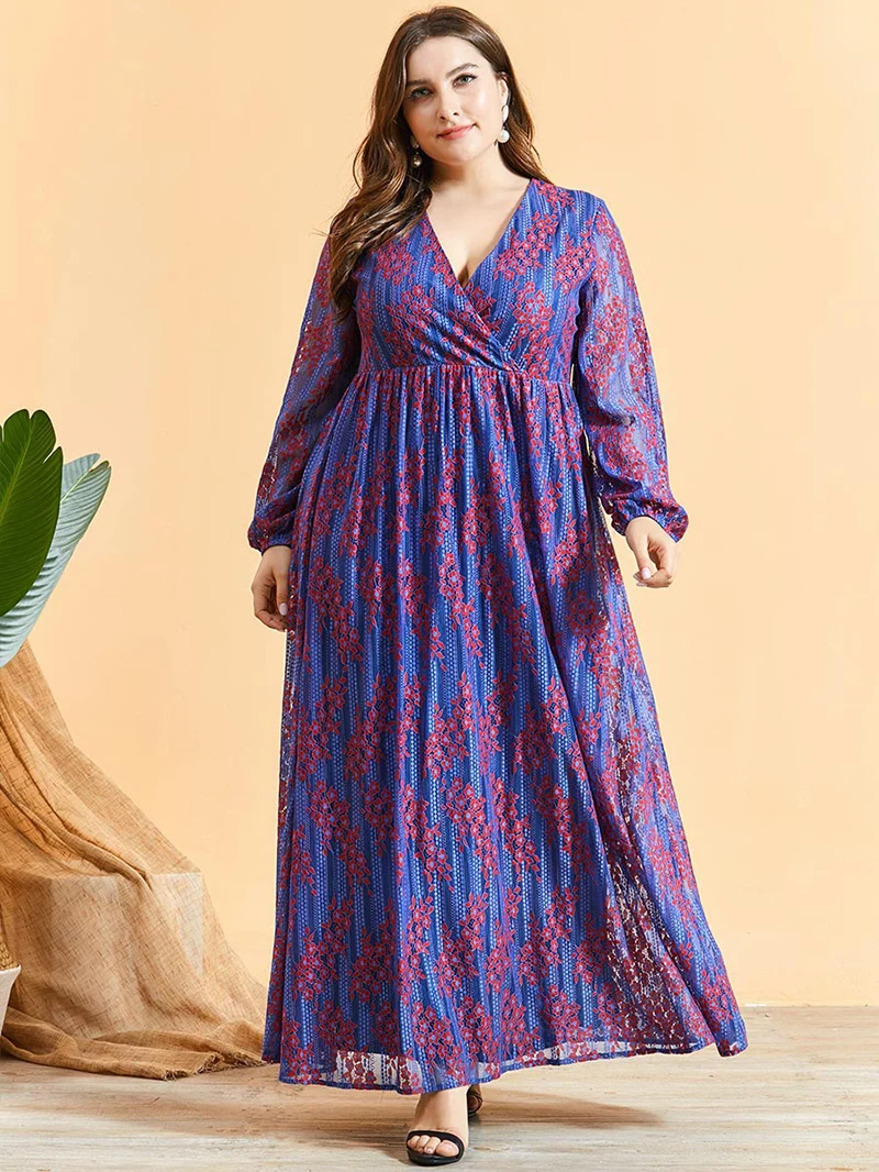 

Plus Size Women Lace Jacquard Purple Hollow Long Sleeve Bohemian Fashion One Piece Dress