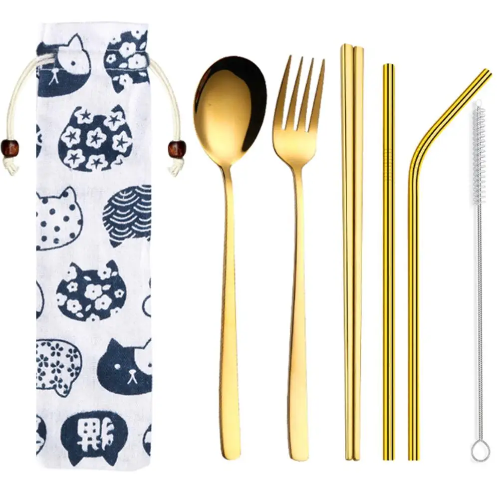 

7Pcs Stainless Steel Travel Flatware Sets Spoon Fork Chopsticks Utensils Reusable Portable Cutlery Camping Tableware Supplies