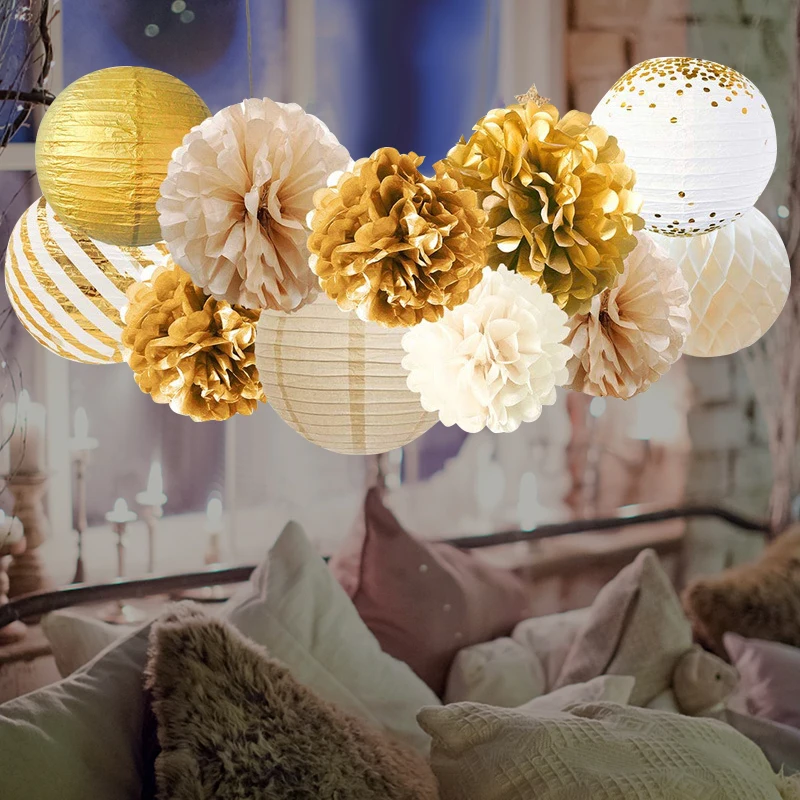 11 шт./компл. вечерние чные бумажные помпоны с большими фонариками в виде цветов и