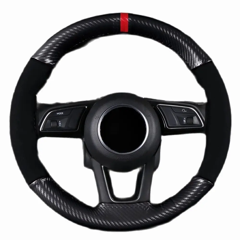 

DIY 38CM Red Mark Suede +Carbon Fiber Leather Wear-resistant Non-slip Hand-stitched Steering Wheel Cover with Needle and thread