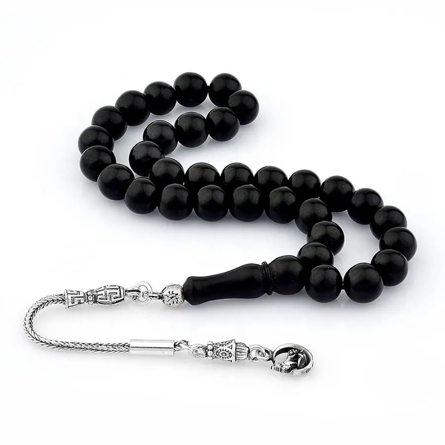 Natural Jet Stone Prayer Bead With Silver Tassel Men Rosary Islamic Tasbih With Wolf Tassel Made in Turkey 925 Sterling Silver