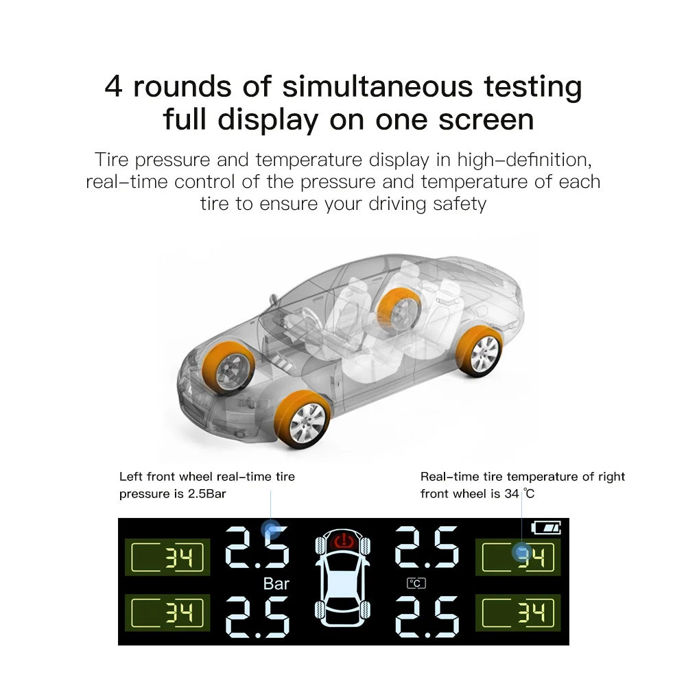 

Foldable Car Tire Pressure Monitor Solar/USB Charging TPMS Color Screen Real-time Display Tire Temperature/Pressure Alarm Prompt