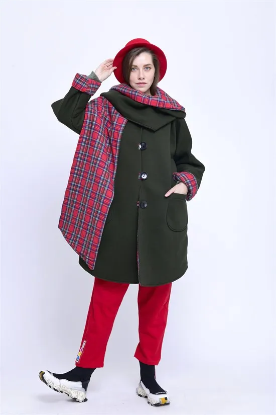 100% Cotton Fabric Shawl Detailed Plaid Patterned Khaki Green Elegant Style Winter Coat For Women From Xs-3xl