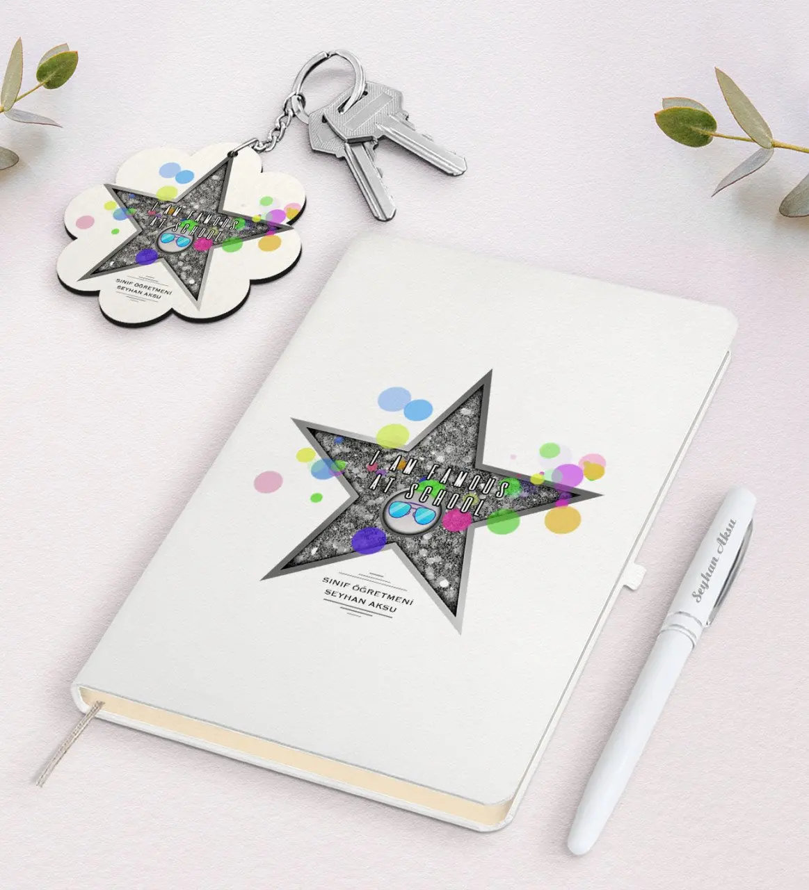 

Personalized School Ünlüyüm White Notebook Pen and Keychain Gift Seti-2