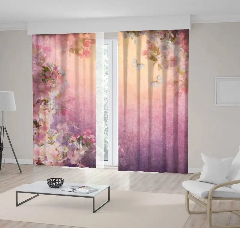 

Curtain Cherry Blossoms Butterflies Romantic Spring Nature Garden Decorative Floral Illustration Purple Green