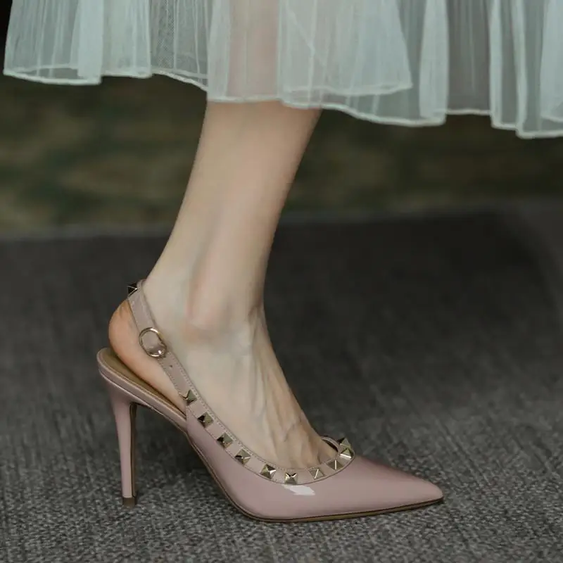 

French Rivet High heels for women 2022 Summer Style One-button pointy toe heel Sandals
