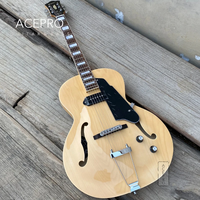 

High Quality Grote Full Hollow Body Electric Guitar F Holes Maple Natural Color P90 Pickup Chrome Hardware Free Shipping