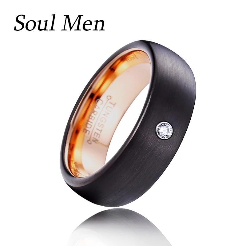 Женское кольцо с фианитом 6 мм удобное обручальное черного цвета розовым золотом