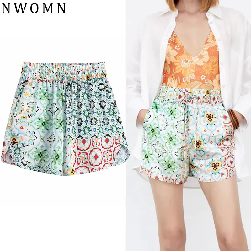 

NWOMN Za Woman 2021 Print Bermuda Shorts Women High Waist Shorts Casual Summer Shorts For Women Elastic Beach Short Pants Ladies