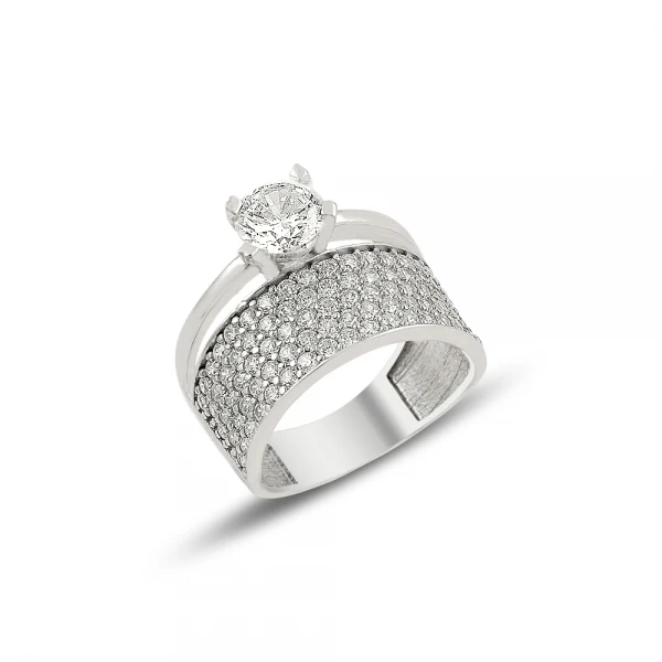 

Silver 925 Sterling Zircon Cubic Zirconia Five Row Half Round Engagement Ring