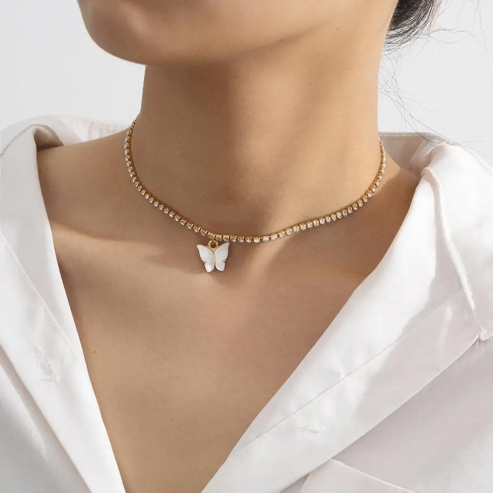 Crystal Butterfly Necklaces Collier Chain Necklace Women Goth Aesthetic Choker Shiny Jewellery Gifts Wholesale | Украшения и