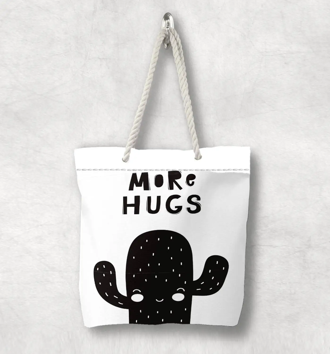 

Else Black White More Hugs Cactus Scandinavian White Rope Handle Canvas Bag Cartoon Print Zippered Tote Bag Shoulder Bag