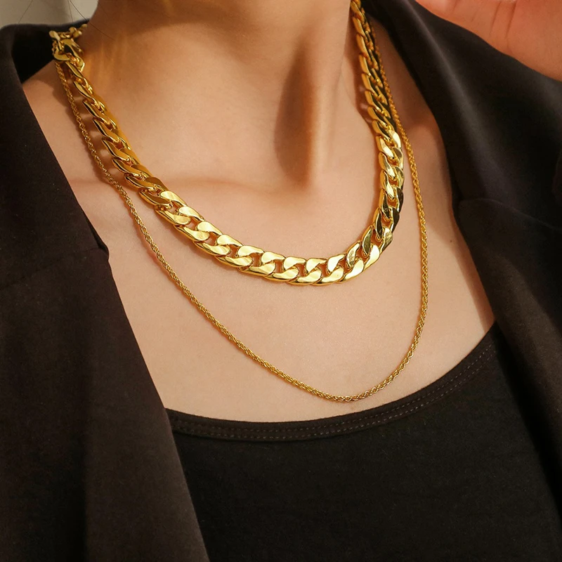 

Vintage Punk Chains Necklace Thick Chain Double Layer Necklace Gold Color Twist Chain Unisex Jewelry Gifts Accessories