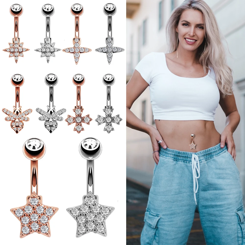 

Zircon Crystal Belly Button Rings For Women Nombril Ombligo Navel Ring Surgical Steel Barbell Star Bee Body Piercing Jewelry