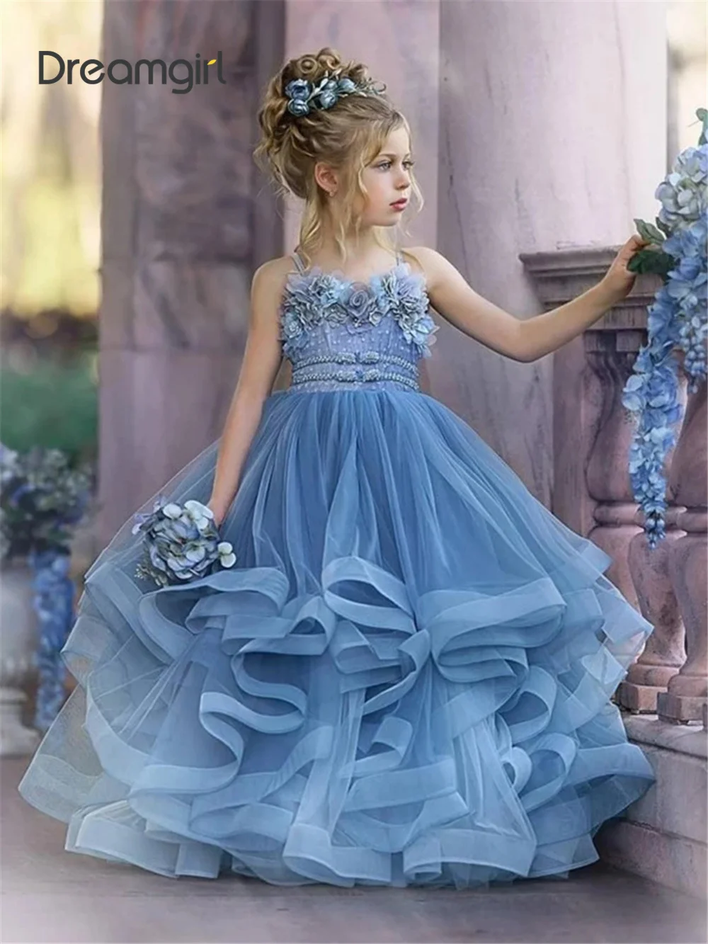 

Dreamgirl A Line Flower Girl Dress Appliques Wedding Party Dress Blue Spaghetti Strap Princess Dress Sweep Train Party Dress