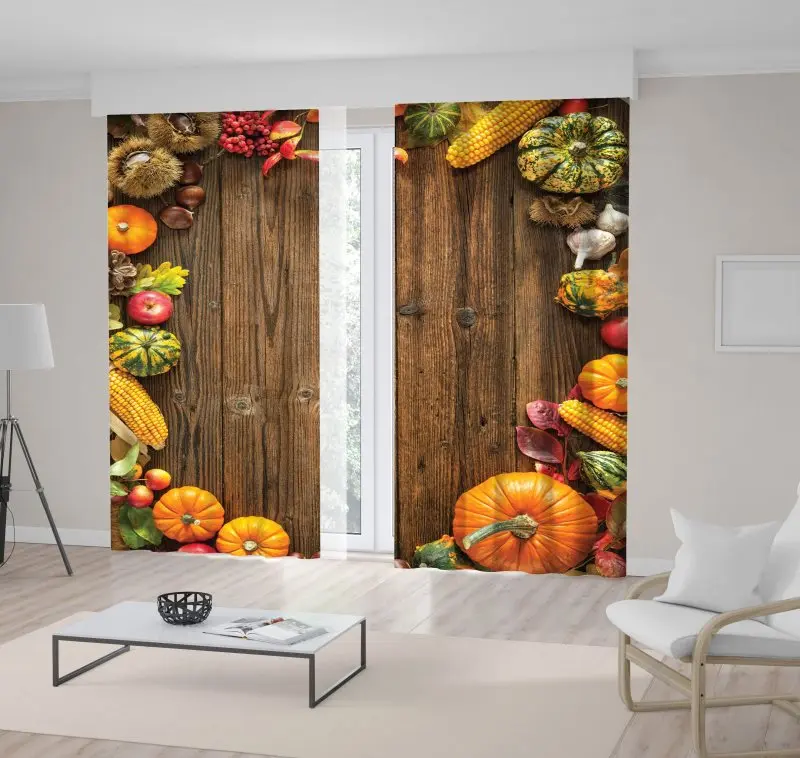 Занавески фрукты и тыквы на деревенском деревянном столе обои Урожай страны