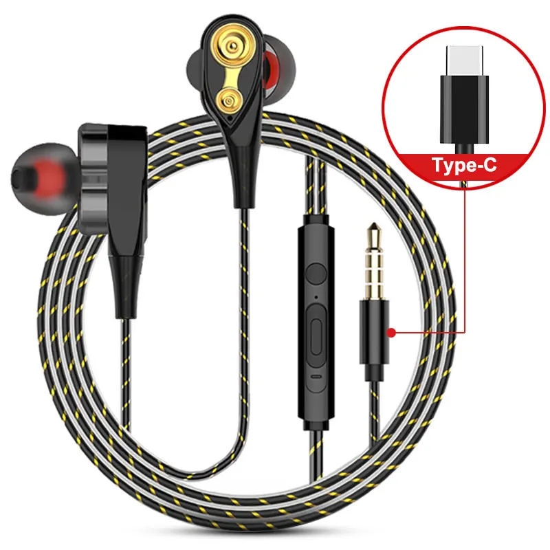 Проводные наушники type C с двойным приводом стерео вкладыши высоким басом