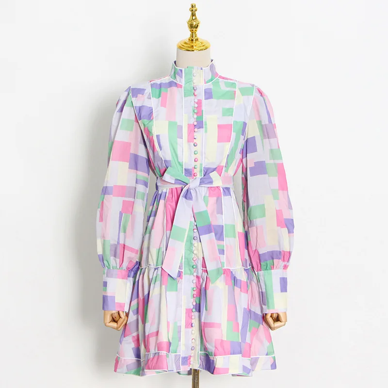 

2021 New Women Geometric Plaid Print Dress Long Sleeve Casual Dresses With Belt M1098