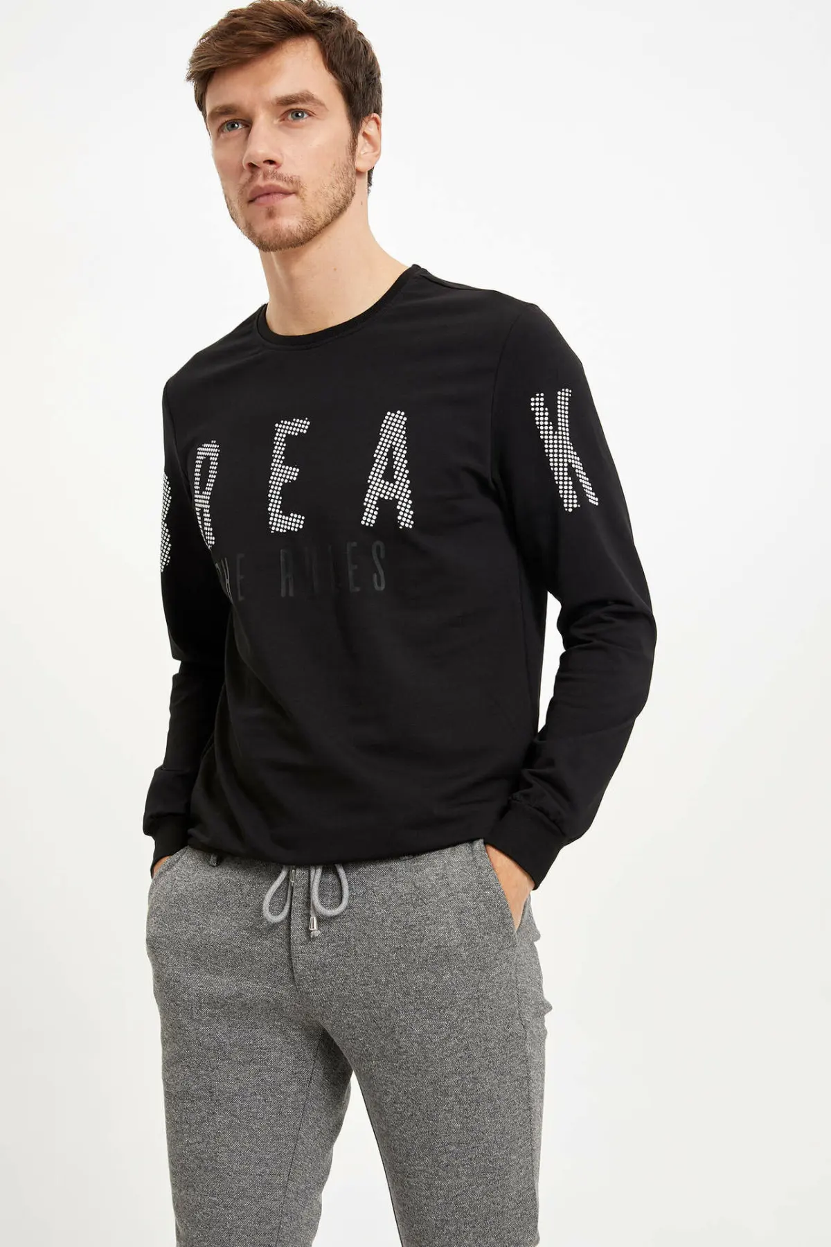 DeFacto мужские пуловеры модные с круглым вырезом буквенным принтом повседневные