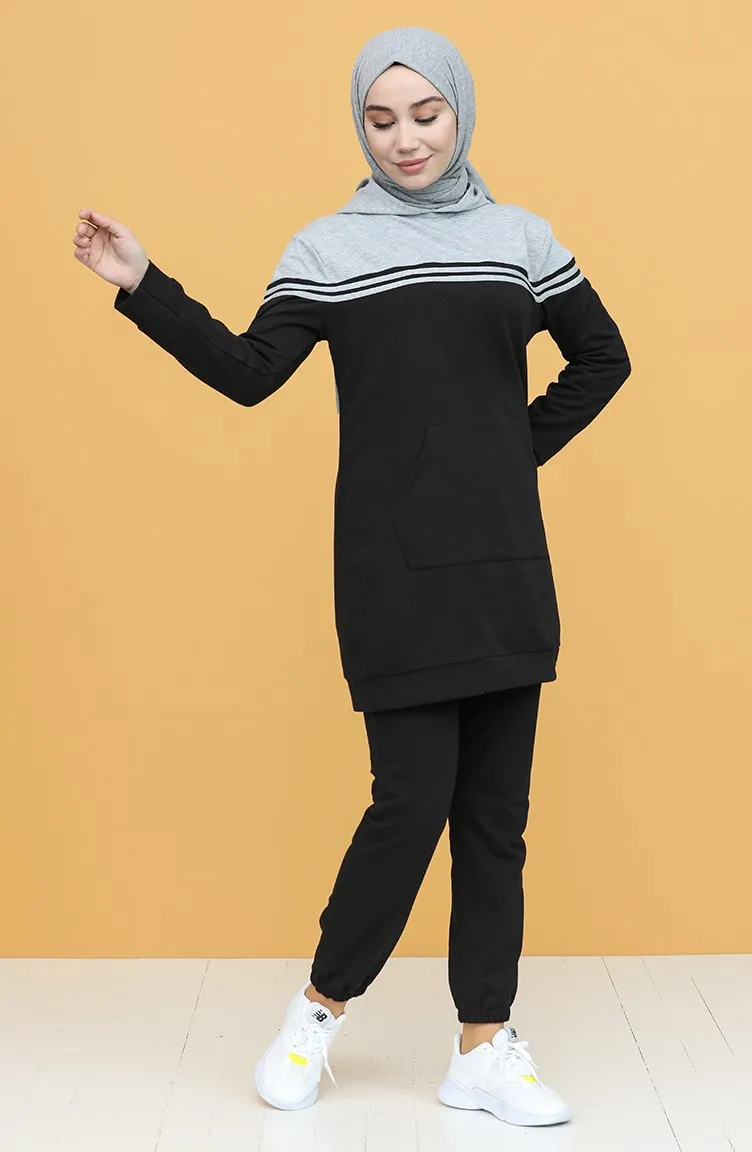 Hooded Tracksuit Set Striped Detailed Pocket Long Sleeve Elastic Waist Sweatpants Women Fashion  Muslim  Hijab Turkey  Istanbul