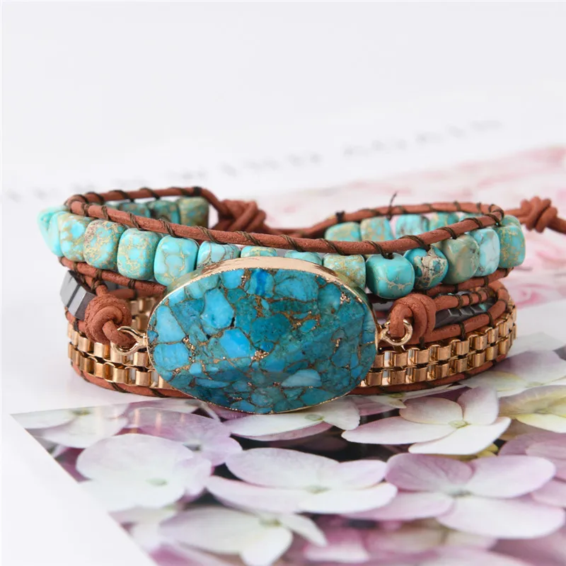 Женские браслеты уникальные натуральные камни Натуральный Druzy Charm 3 слоя кожаный