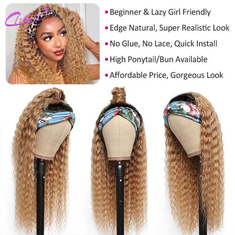 

Deep Wave Headband Wig Color 1B 27 30J Full Machine Made Wig With Headband Attached Brazilian Ombre Headband Scarf Wig For Women