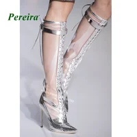 Transparent Pvc Snakeskin Sandals 2022 New Patchwork Pointed Toe Cross Tied Sandals Lace Up Thin Heels Silver Summer Ladies Sexy