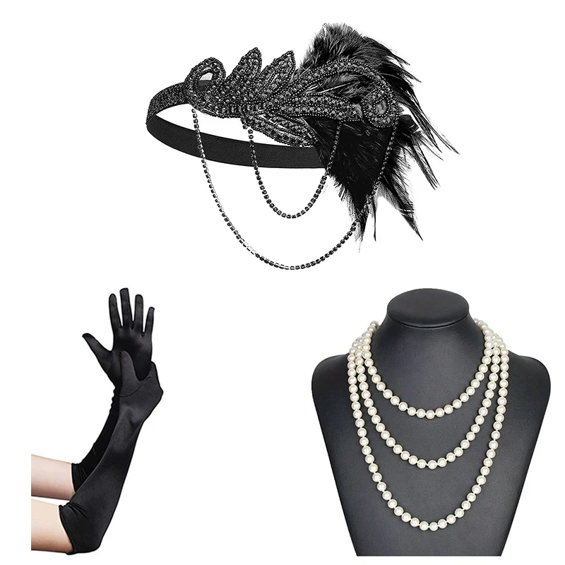 black set 20s головной убор винтаж 1920s головная повязка хлопушка грейт гэтсби(шампань - Цвет: black set