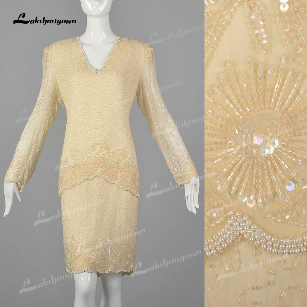 

Plus Size Mother Of The Bride Dresses Silk Dress Long Sleeve Vintage Dress Sequin Beading V Neck Back Zip vestido mae da noiva