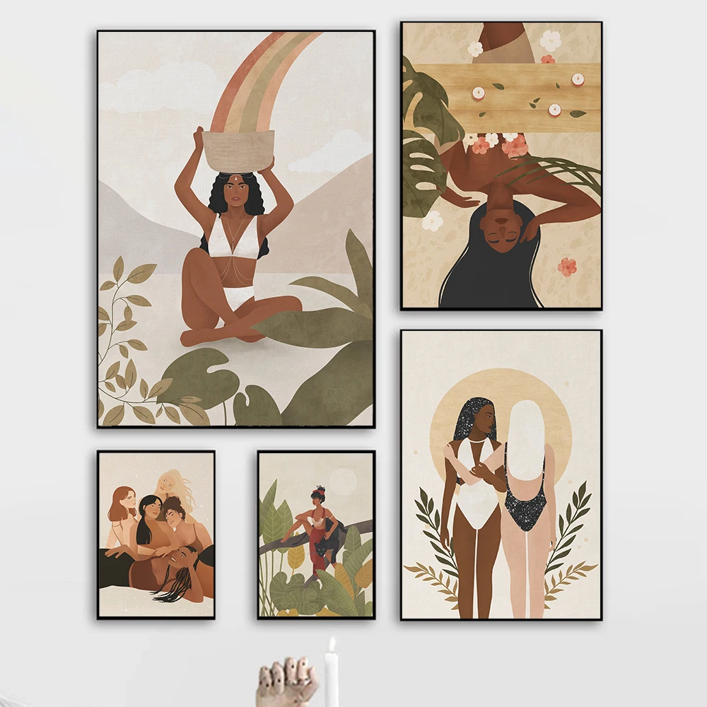 

Tropical Woman Wall Art Boho Print Female Selfcare Canvas Painting Goddess Yoga Body Positive Poster Feminist Friendship Picture
