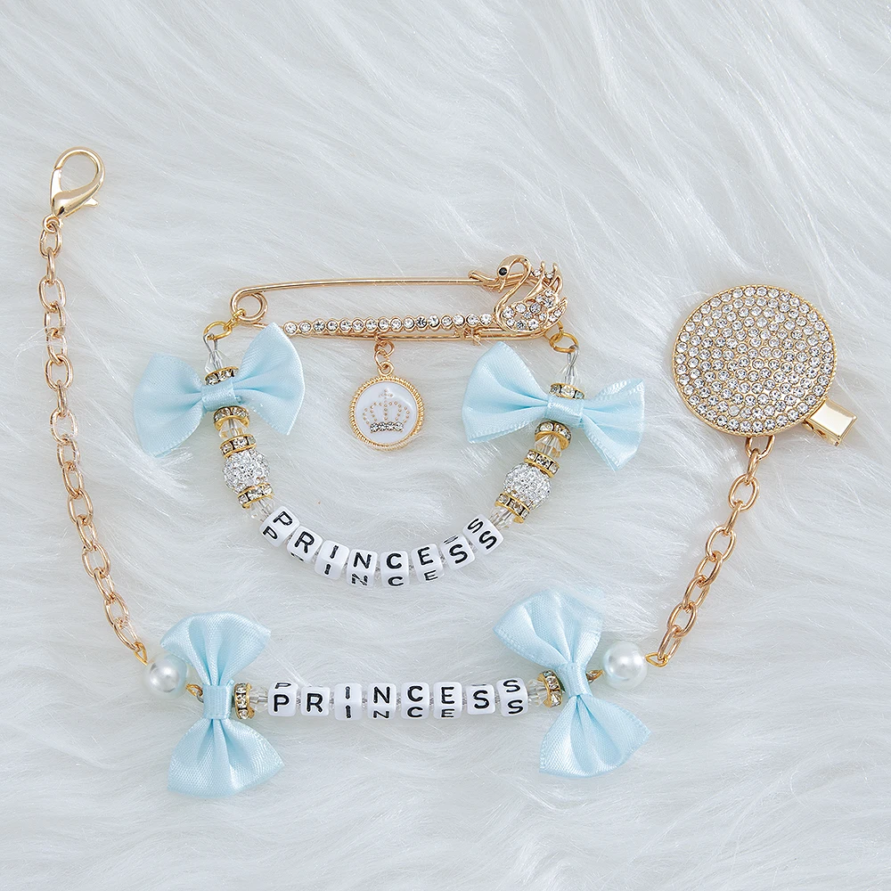 MIYOCAR any name can make bling rhinestone pink bow pacifier clip dummy clip stroller chain stroller toy set