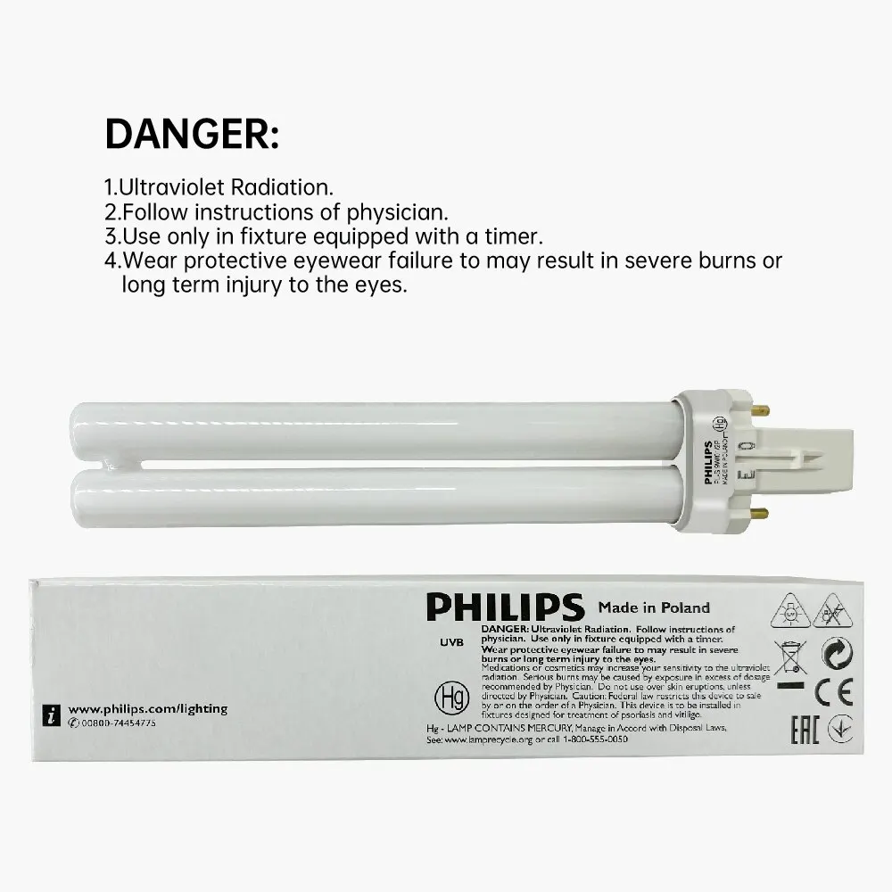 PHILIPS 311 NM Ultraviolet Phototherapy Lamp Tube UV Light Bulb UVB Lamp PL-S 9W/01/2P Narrow Band Medium Wave 311 NM Suitable