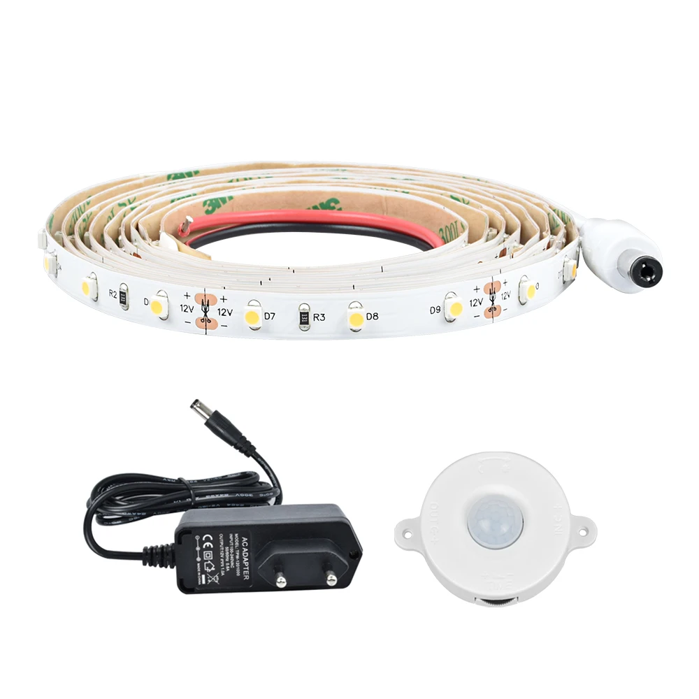 

2 м IP20 теплый белый 2700K-3000K DC12V 60 Светодиодный S/M 3528 светодиодный полосы + движения PIR Сенсор + штепсельная вилка европейского стандарта Мощност...