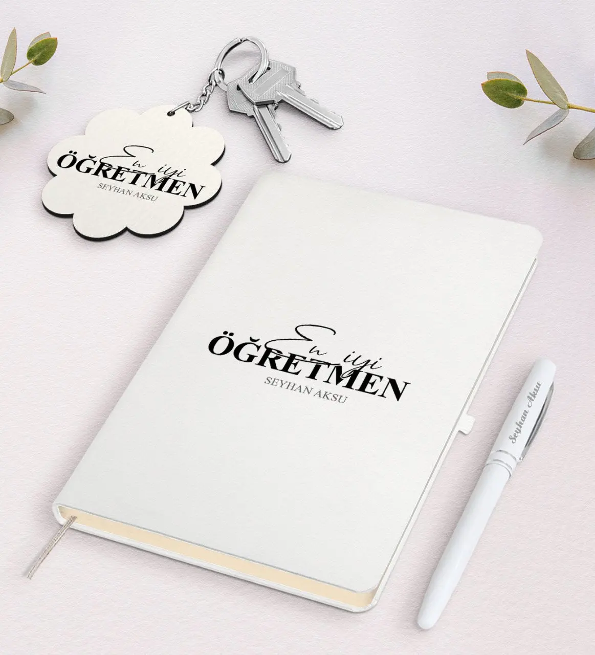 

Personalized Best Teacher White Notebook Pen And Keychain Gift Seti-16