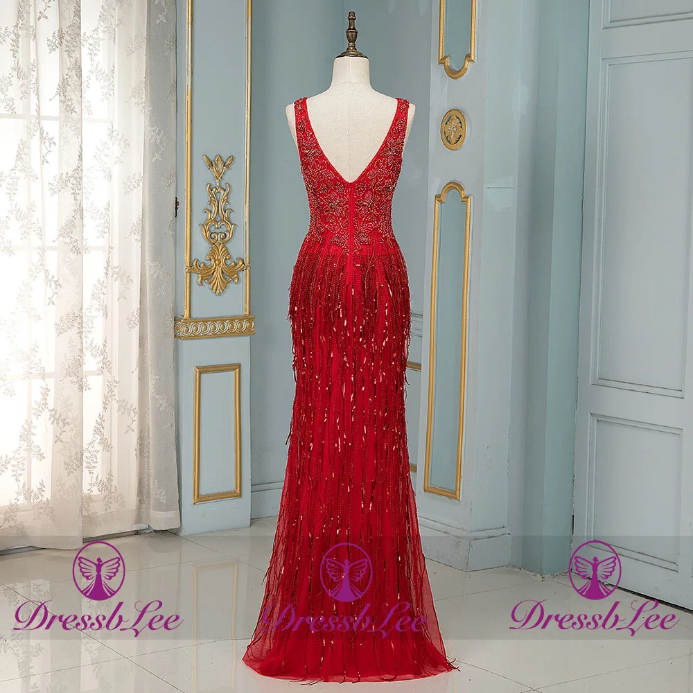DressbLee 2020 Fashion Red Long Crystal Prom Dress Sleeveless Fringed Pageant Dress Robe de Soiree