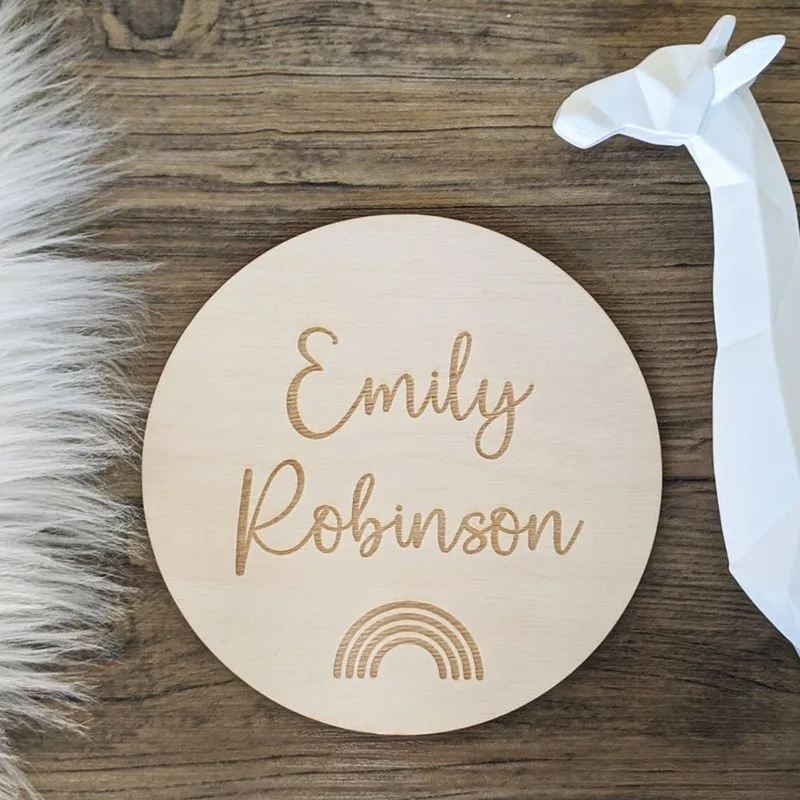 

Rustic baby name sign wooden, Personalised round rainbow Newborn Announcement tags, Photoshoot Accessories, Baby shower gift