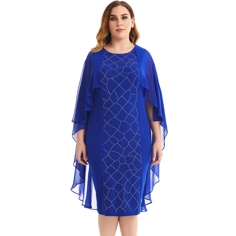 

Women's Plus Size Rhinestone pattern big cape bodycon cocktail Midi blue dress