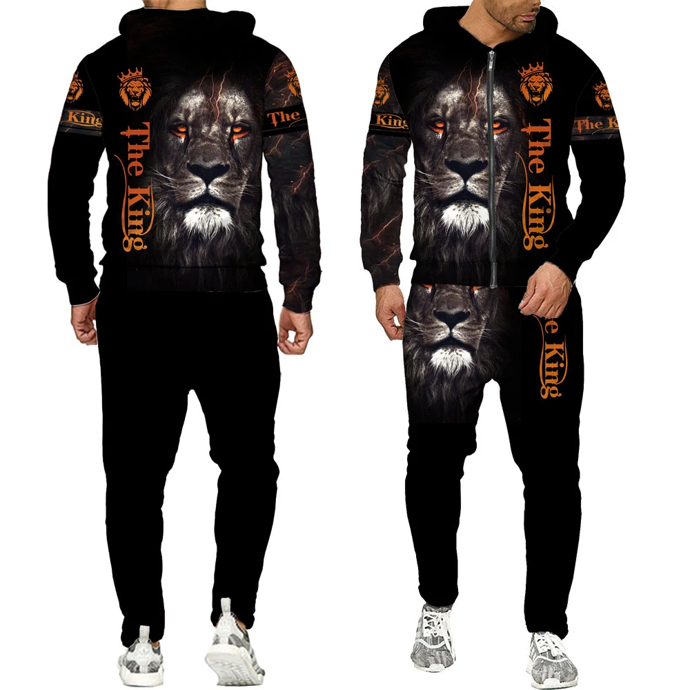 Personality Animal Cool Lion 3D All Over Print Tracksuits Men Fashion Zipper Hoodie Pants 2 Pcs Set Sport Suits