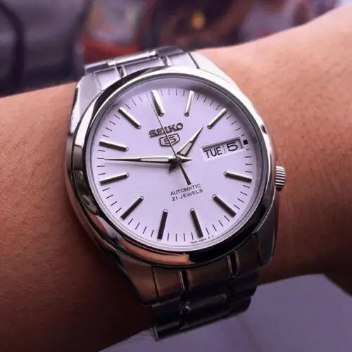 Мужские автоматические часы Seiko 5 SNKL41K1 циферблат белый серебристый 38 мм стальной