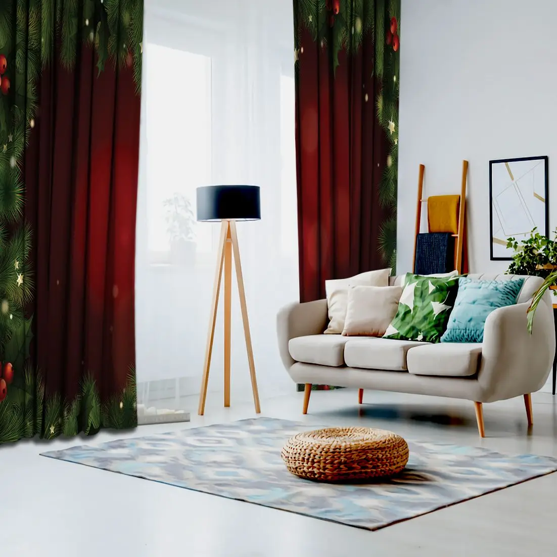 Занавеска Рождественское украшение зеленый и красный венок сосновые елочные