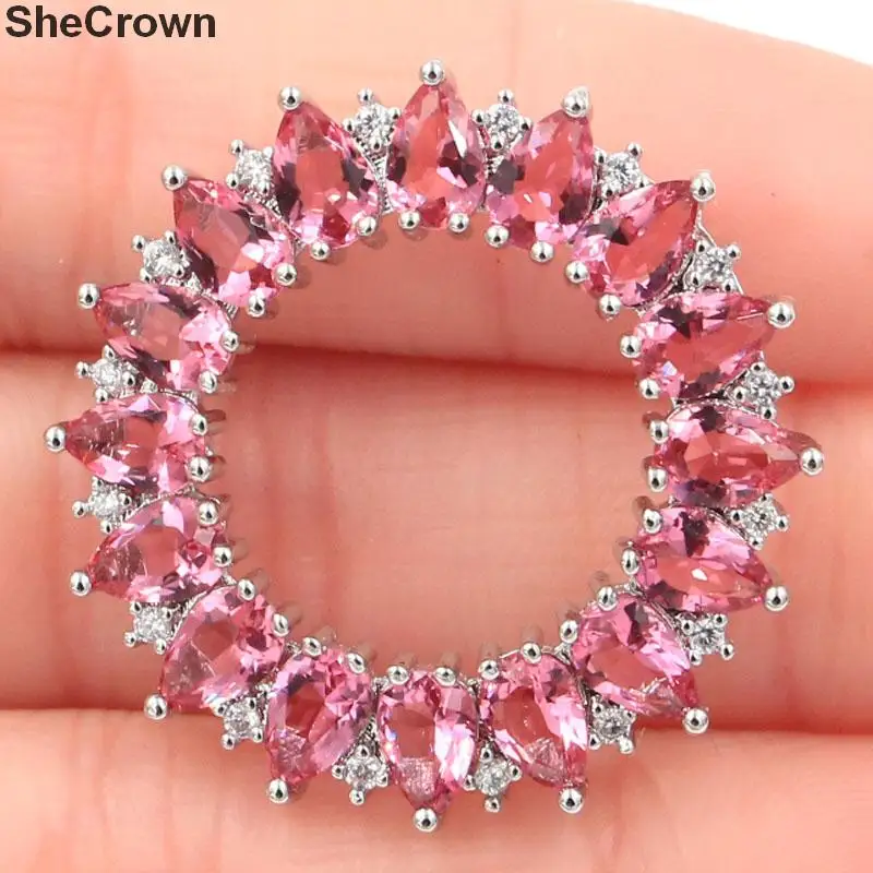 31x31mm Romantic Round Shape Created Pink Tourmaline White CZ Woman's Jewelry Making Silver Pendant | Украшения и аксессуары