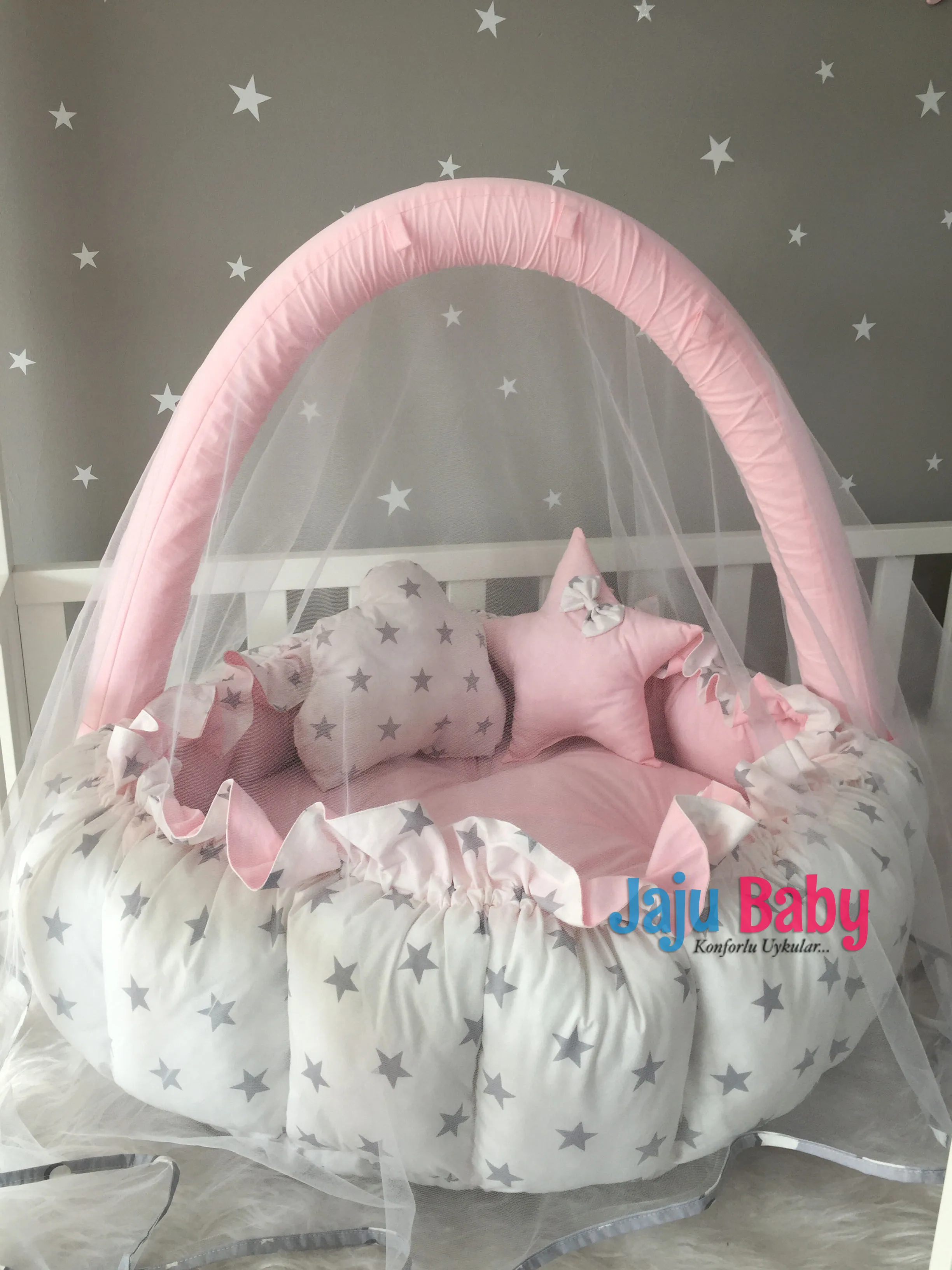 

Jaju Baby Pink - White Star Design Luxury Play Mat Babynest Mosquito Net Tulle Toy Apparatus Set, Play Mat, Babynest