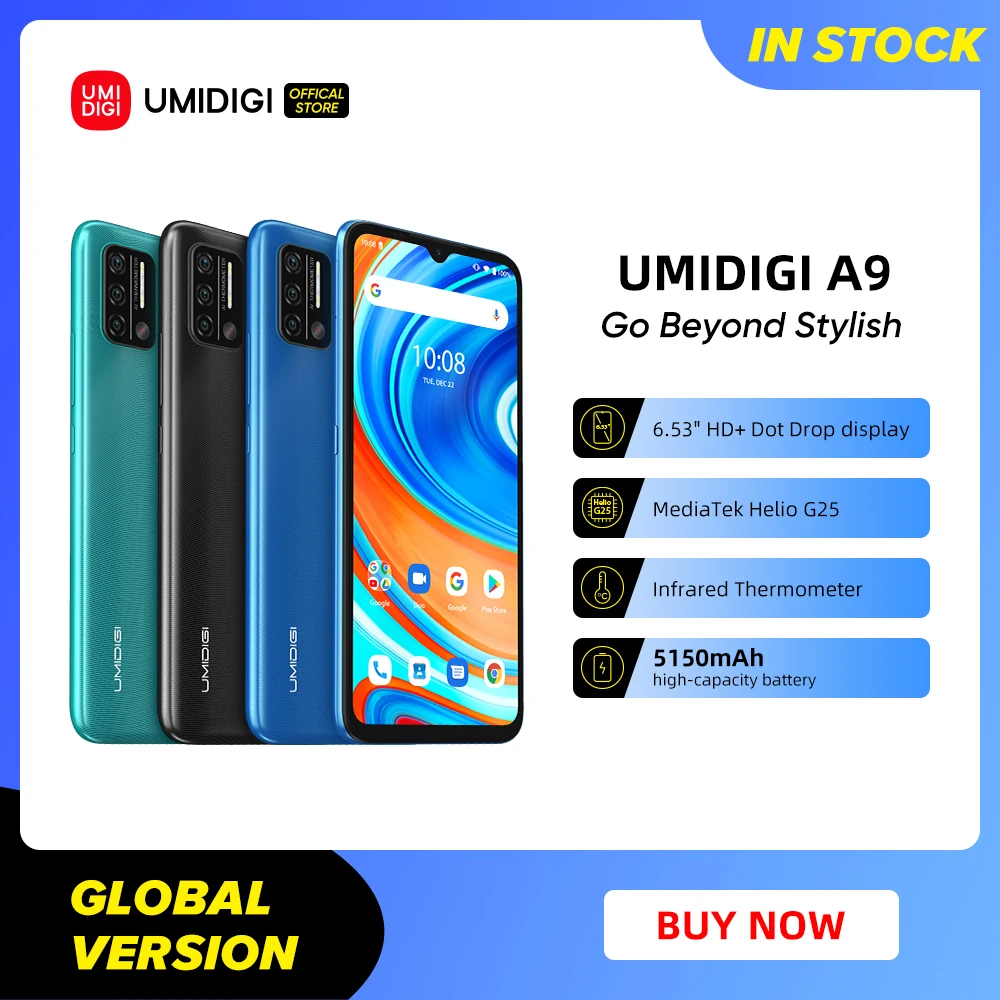 in stock umidigi a9 smart phone android 11 global version 13mp ai triple camera helio g25 octa core 6 53 hd 5150mah cellphone free global shipping