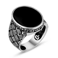 knit patterned black onyx stone mens ring fashion turkish premium quality handmade jawelery