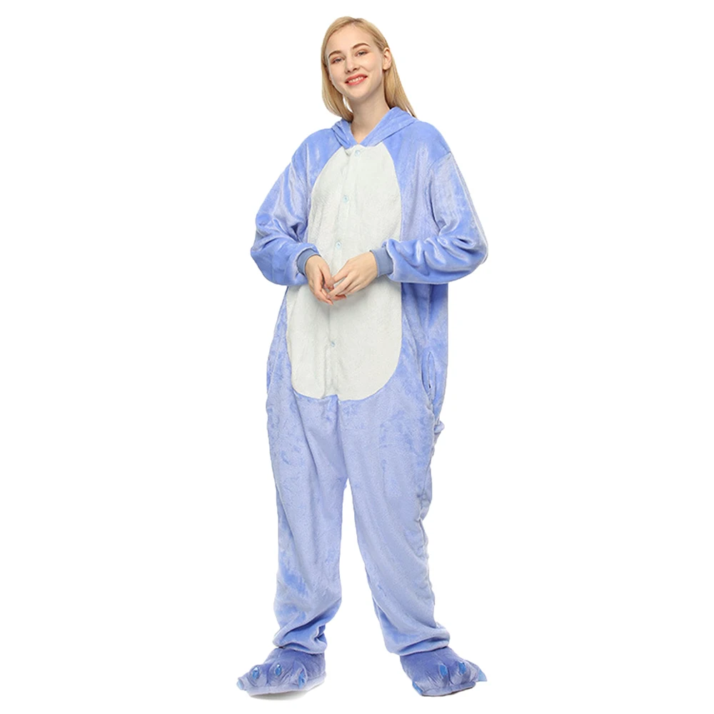 0492 blue stitch Милые теплые зимние пижамы кигуруми для женщин мягкие фланелевые пижамы с животными комбинезоны Домашняя одежда пижамные комплекты Тоторо Наклейка с Пикачу - Цвет: 0492 blue stitch
