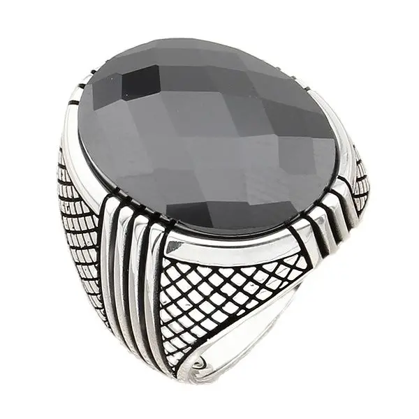 

Fish Net Ocean Sterling Silver Men's Ring with Oval Black Zircon Natural Stone Gift for Graduation for Brother Gift for Cousin