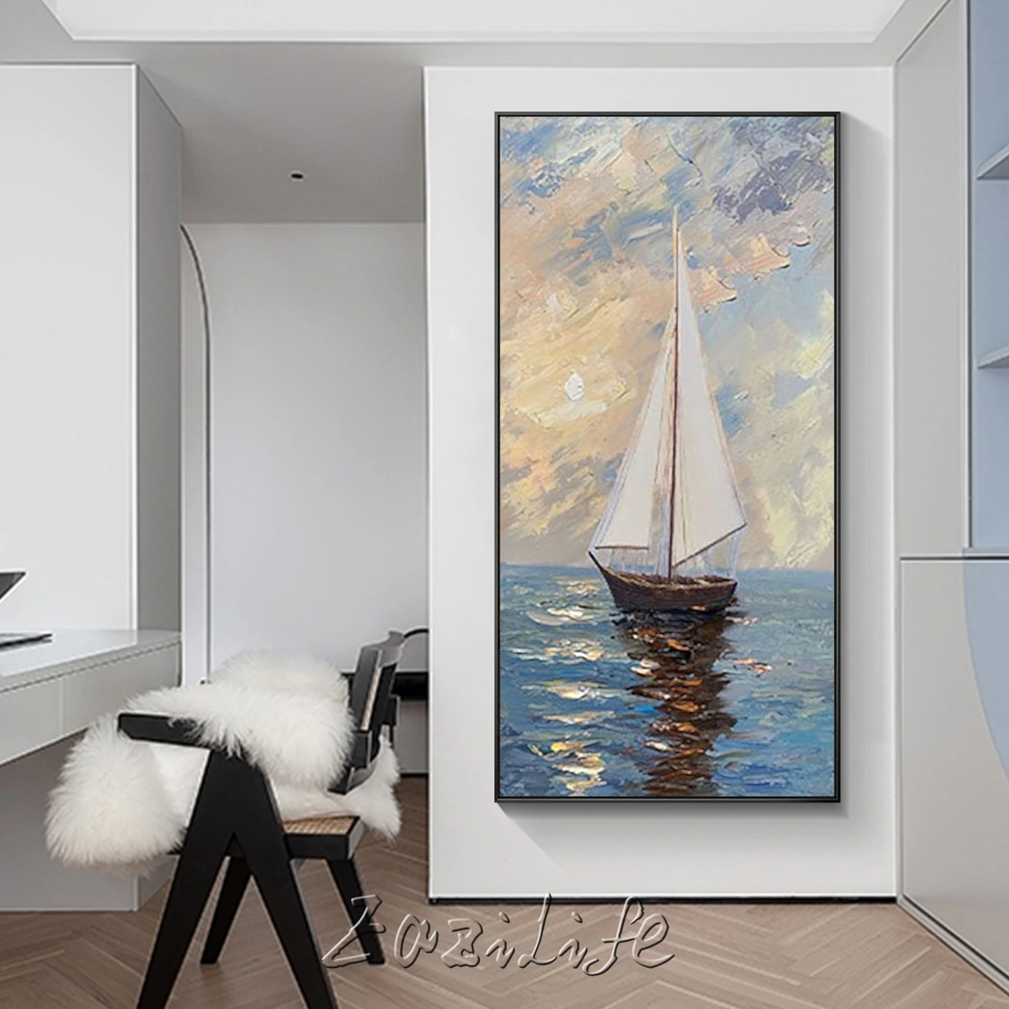 Парусная морская пейзаж акриловая живопись на холсте Настенная картина в рамке