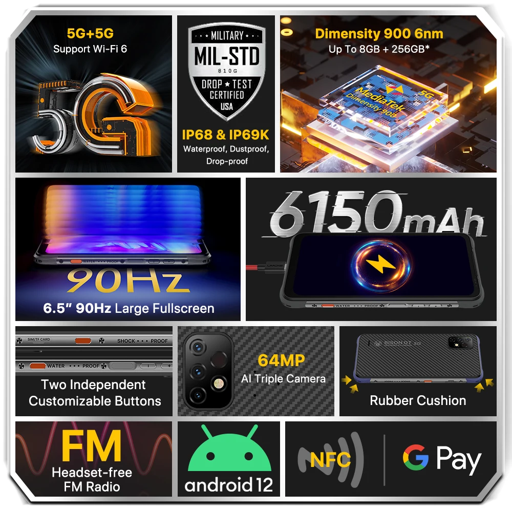 umidigi bison gt2 5g ip68 android 12 rugged smartphone dimensity 900 6 5 fhd 64mp camera 6150mah battery 90hz nfc smart phone free global shipping