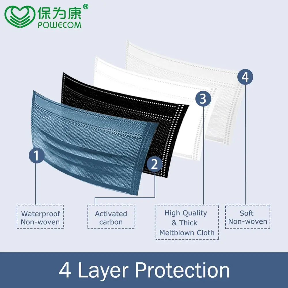 

POWECOM Disposable Activated Carbon Mask Adult Face Masks 4 Layers Filter Dust Mouth Mask Nonwoven Earloop Safety Mask