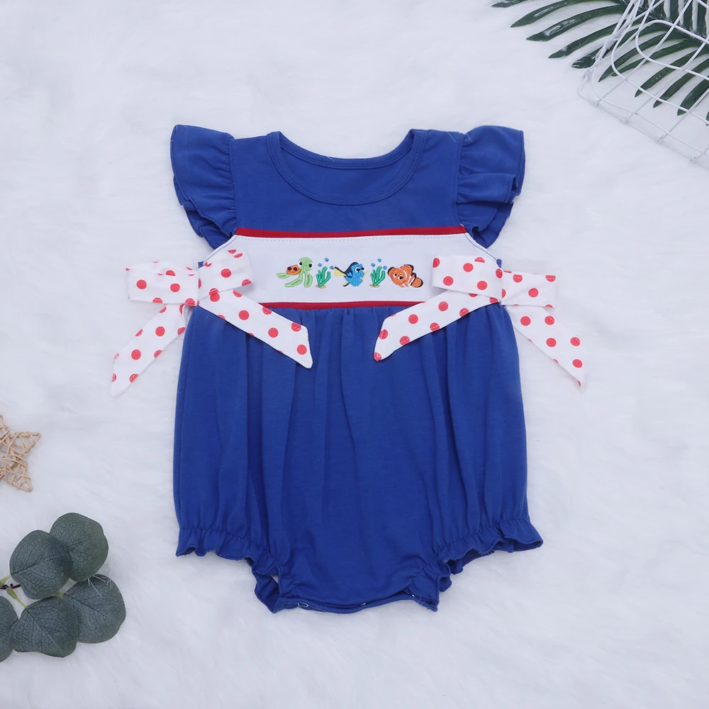 

Summer One-Piece Cotton Babi Romper New Style Fish Embroidery Clothes Pretty Blue Leisure Sleeveless Jumpsuit For 0-3T Girl